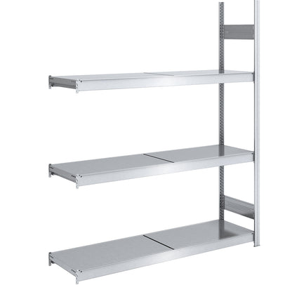 Wide span boltless shelving unit with steel shelves, height 2000 mm, shelf width 1500 mm, shelf depth 500 mm, extension shelf unit.