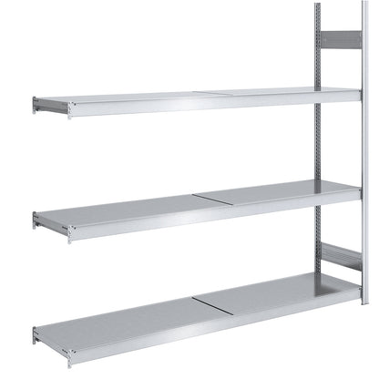 Wide span boltless shelving unit with steel shelves, height 2000 mm, shelf width 2000 mm, shelf depth 500 mm, extension shelf unit.