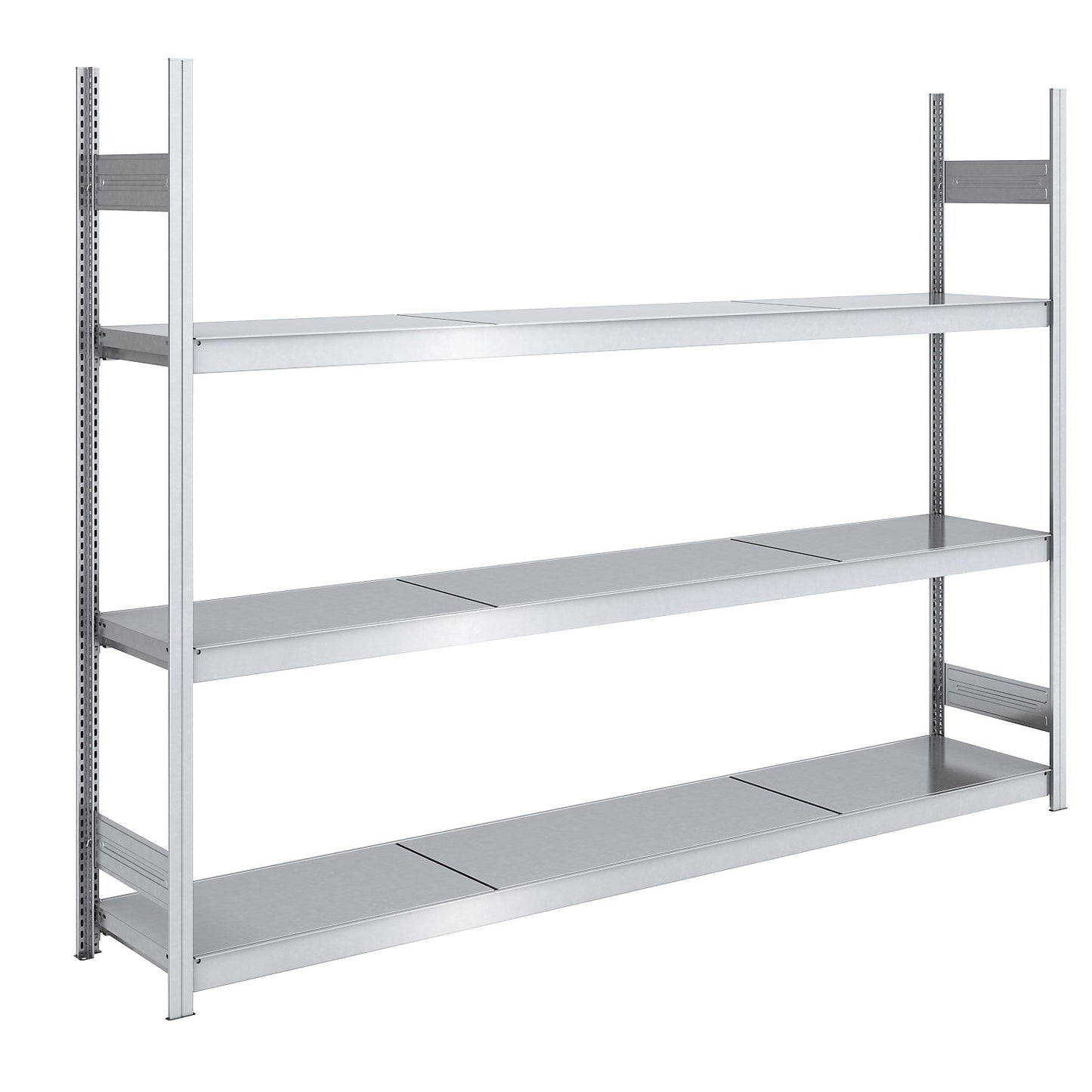 Wide span boltless shelving unit with steel shelves, height 2000 mm, shelf width 2500 mm, shelf depth 500 mm, standard shelf unit.