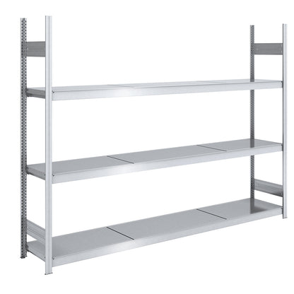 Wide span boltless shelving unit with steel shelves, height 2000 mm, shelf width 2500 mm, shelf depth 500 mm, standard shelf unit.