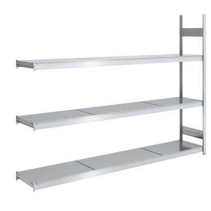 Wide span boltless shelving unit with steel shelves, height 2000 mm, shelf width 2500 mm, shelf depth 500 mm, extension shelf unit.