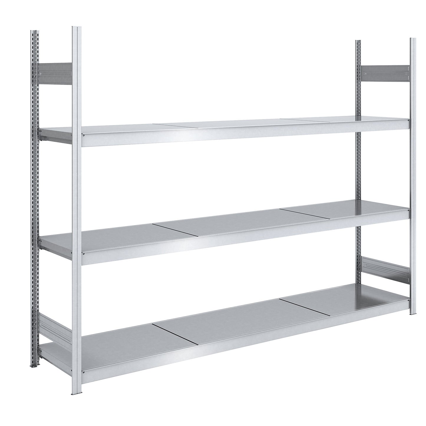 Wide span boltless shelving unit with steel shelves, height 2000 mm, shelf width 2500 mm, shelf depth 600 mm, standard shelf unit.
