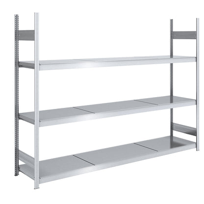 Wide span boltless shelving unit with steel shelves, height 2000 mm, shelf width 2500 mm, shelf depth 600 mm, standard shelf unit.
