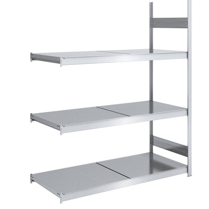 Wide span boltless shelving unit with steel shelves, height 2000 mm, shelf width 1500 mm, shelf depth 800 mm, extension shelf unit.