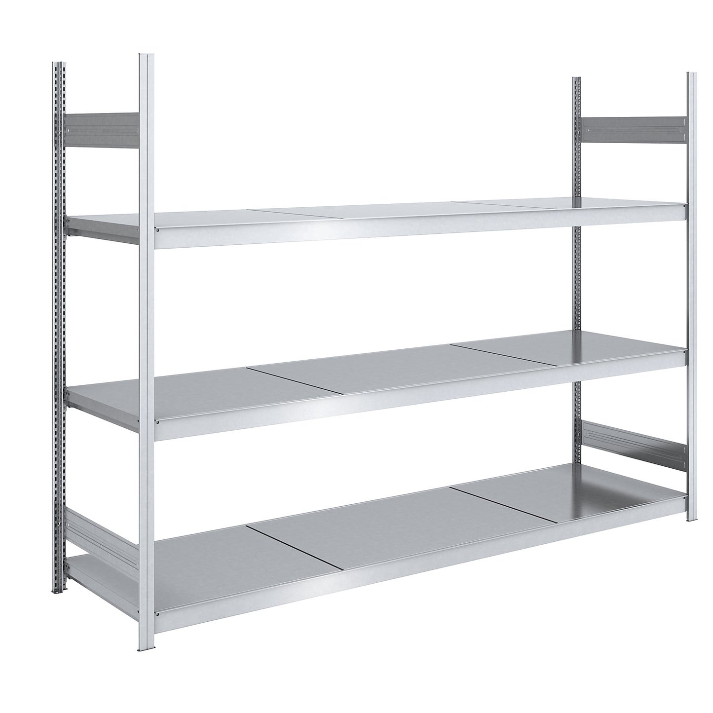 Wide span boltless shelving unit with steel shelves, height 2000 mm, shelf width 2500 mm, shelf depth 800 mm, standard shelf unit.