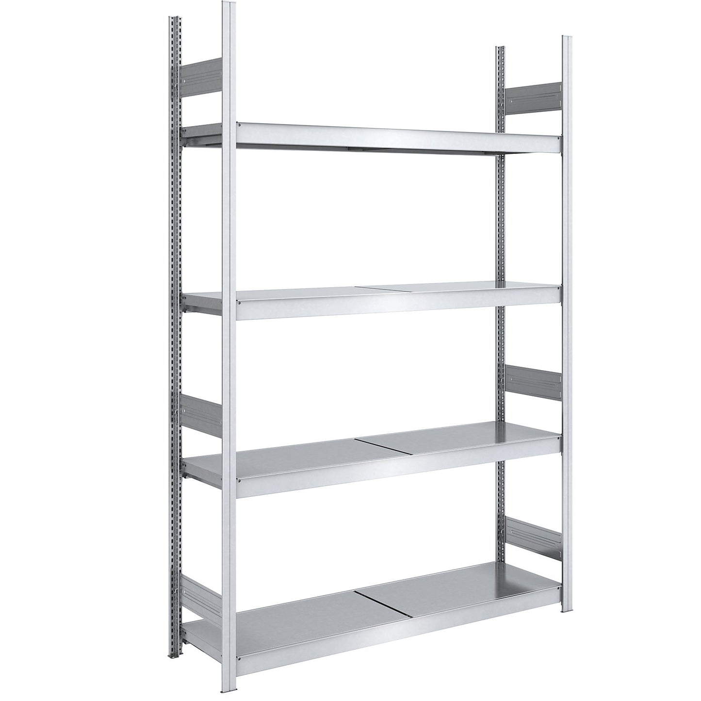 Wide span boltless shelving unit with steel shelves, height 2500 mm, shelf width 1500 mm, shelf depth 500 mm, standard shelf unit.