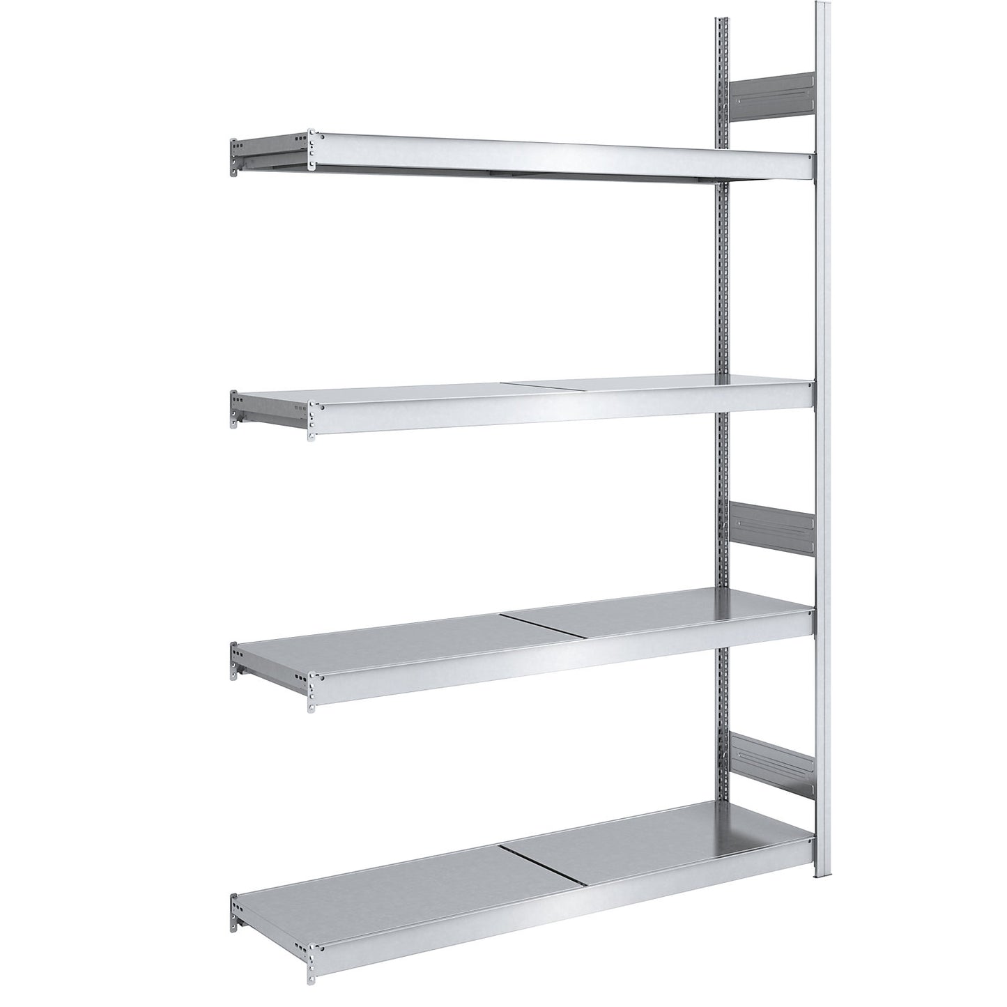 Wide span boltless shelving unit with steel shelves, height 2500 mm, shelf width 1500 mm, shelf depth 500 mm, extension shelf unit.