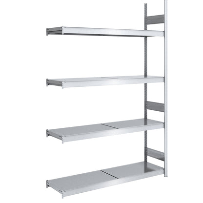 Wide span boltless shelving unit with steel shelves, height 2500 mm, shelf width 1500 mm, shelf depth 500 mm, extension shelf unit.