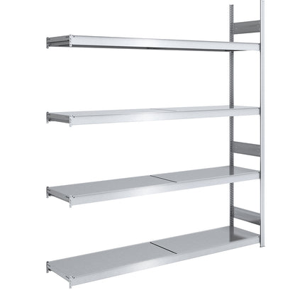 Wide span boltless shelving unit with steel shelves, height 2500 mm, shelf width 2000 mm, shelf depth 500 mm, extension shelf unit.