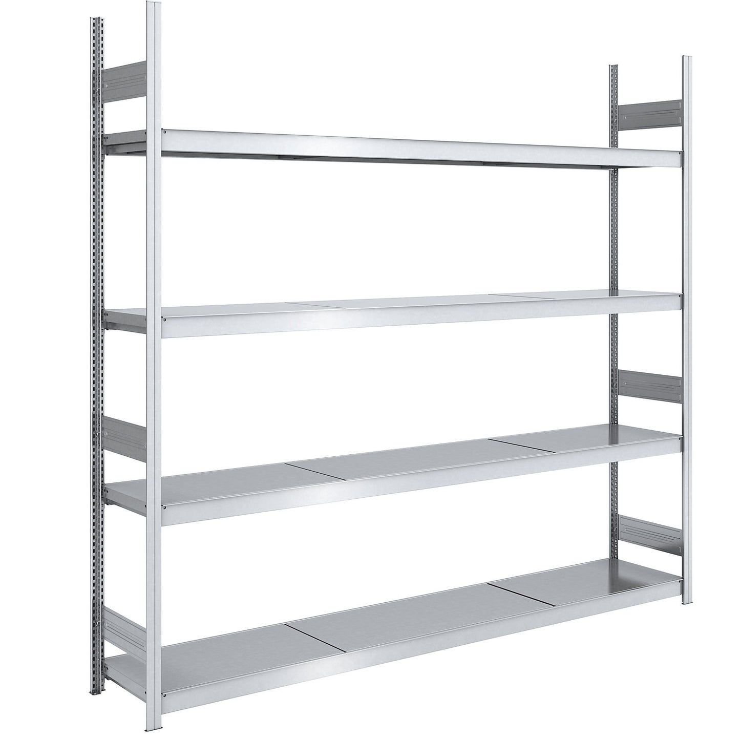 Wide span boltless shelving unit with steel shelves, height 2500 mm, shelf width 2500 mm, shelf depth 500 mm, standard shelf unit.