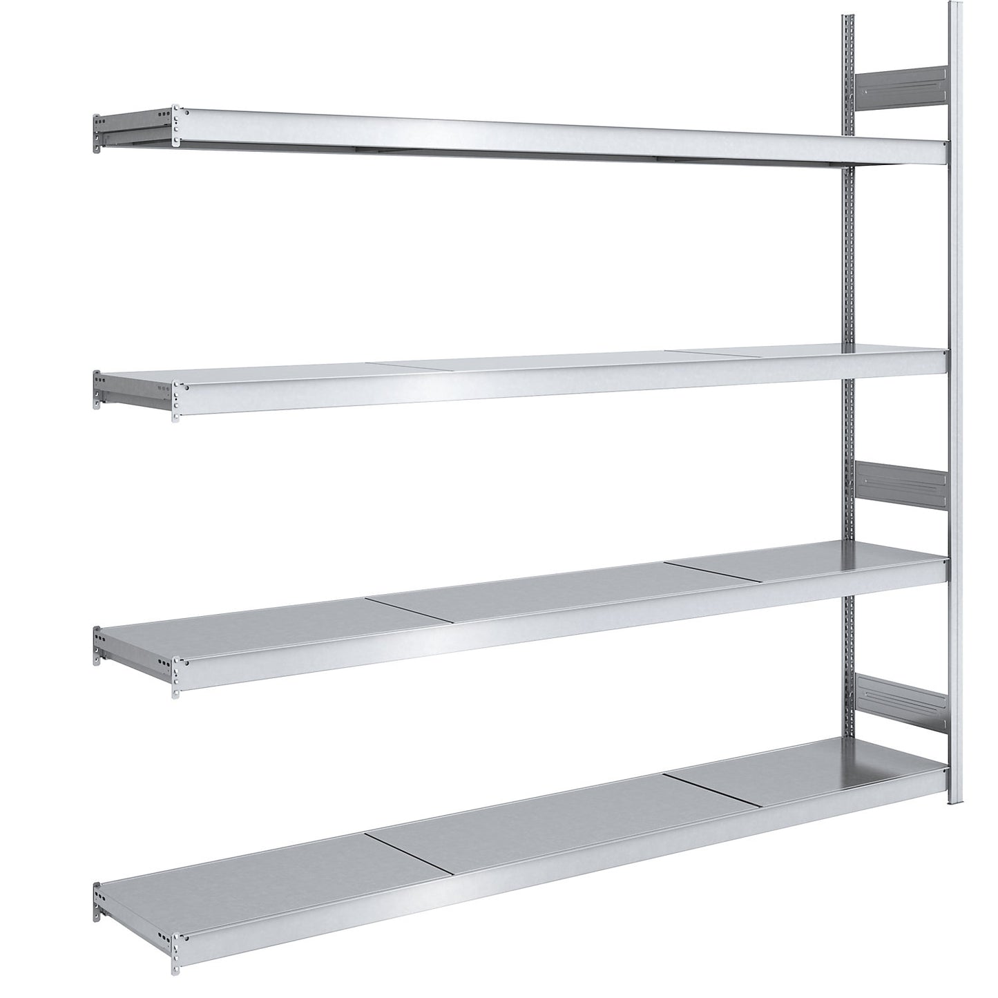 Wide span boltless shelving unit with steel shelves, height 2500 mm, shelf width 2500 mm, shelf depth 500 mm, extension shelf unit.