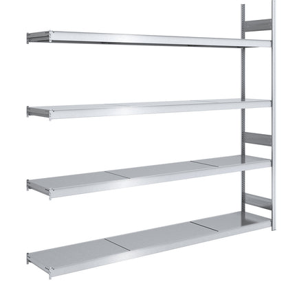 Wide span boltless shelving unit with steel shelves, height 2500 mm, shelf width 2500 mm, shelf depth 500 mm, extension shelf unit.
