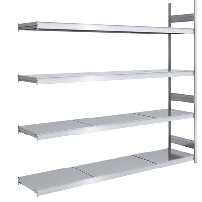 Wide span boltless shelving unit with steel shelves, height 2500 mm, shelf width 2500 mm, shelf depth 600 mm, extension shelf unit.