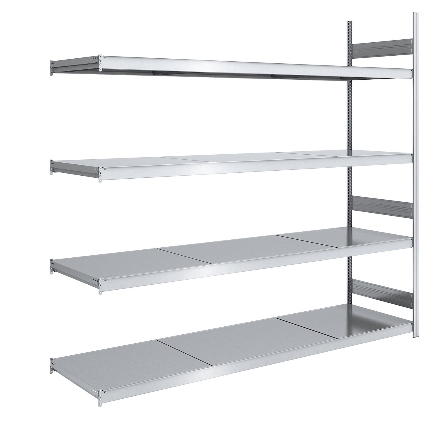 Wide span boltless shelving unit with steel shelves, height 2500 mm, shelf width 2500 mm, shelf depth 800 mm, extension shelf unit.