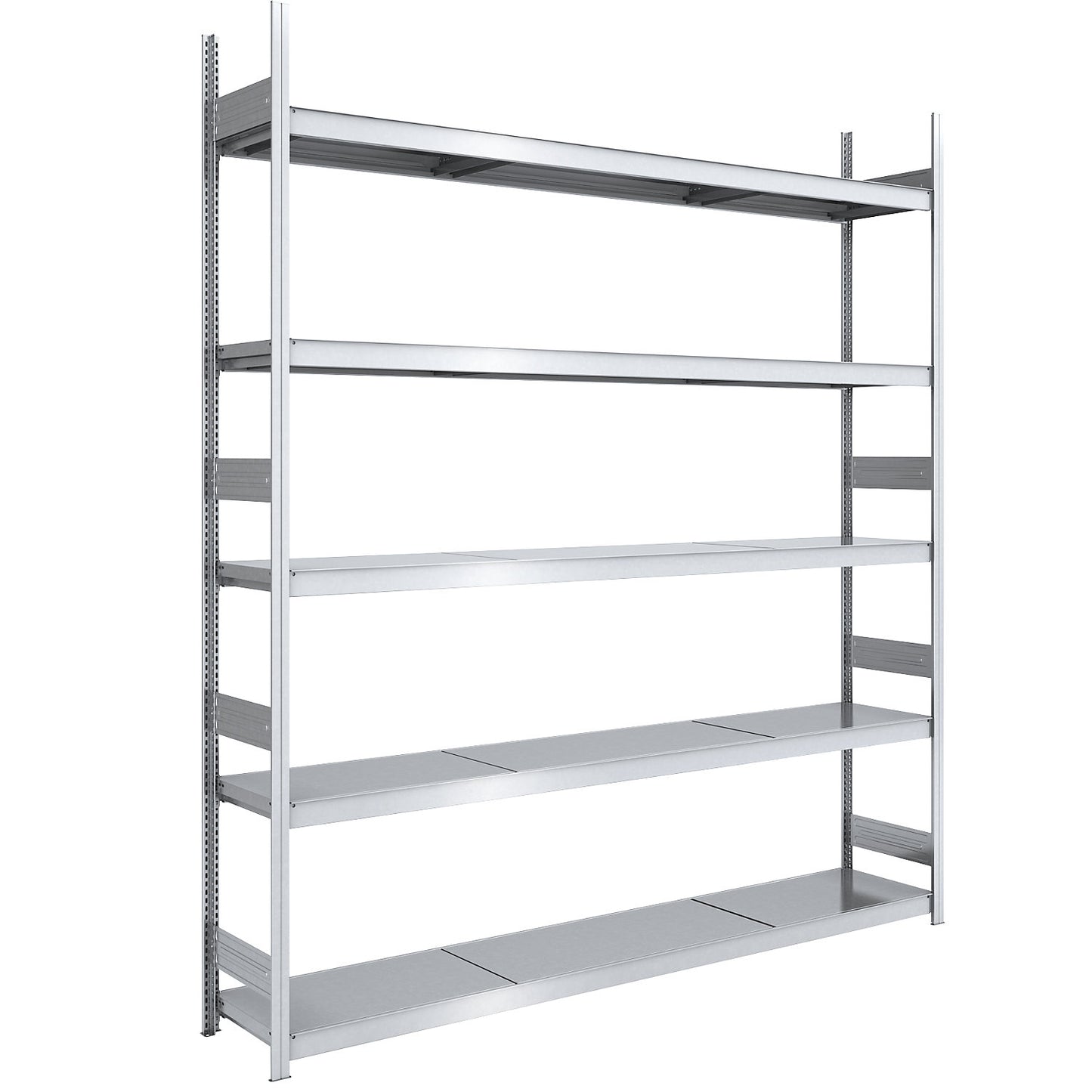 Wide span boltless shelving unit with steel shelves, height 3000 mm, shelf width 2500 mm, shelf depth 500 mm, standard shelf unit.