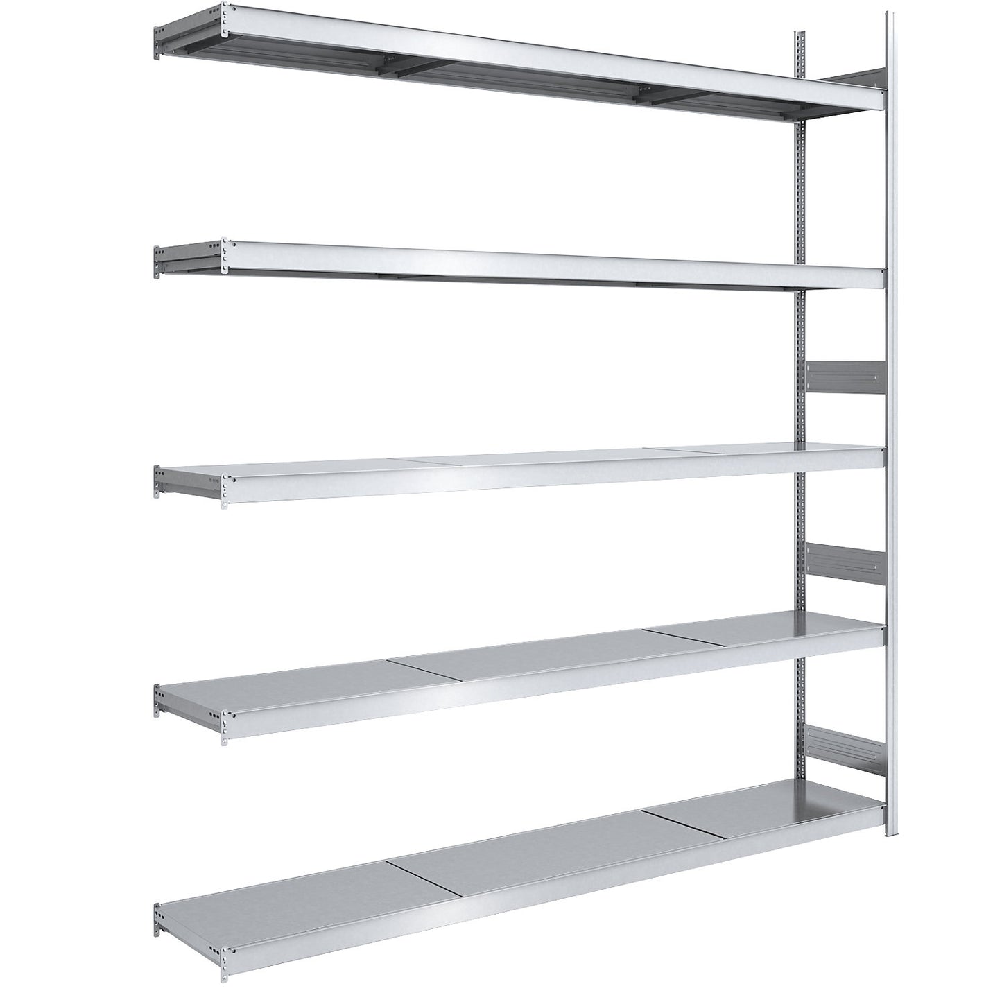Wide span boltless shelving unit with steel shelves, height 3000 mm, shelf width 2500 mm, shelf depth 500 mm, extension shelf unit.