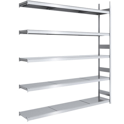 Wide span boltless shelving unit with steel shelves, height 3000 mm, shelf width 2500 mm, shelf depth 500 mm, extension shelf unit.