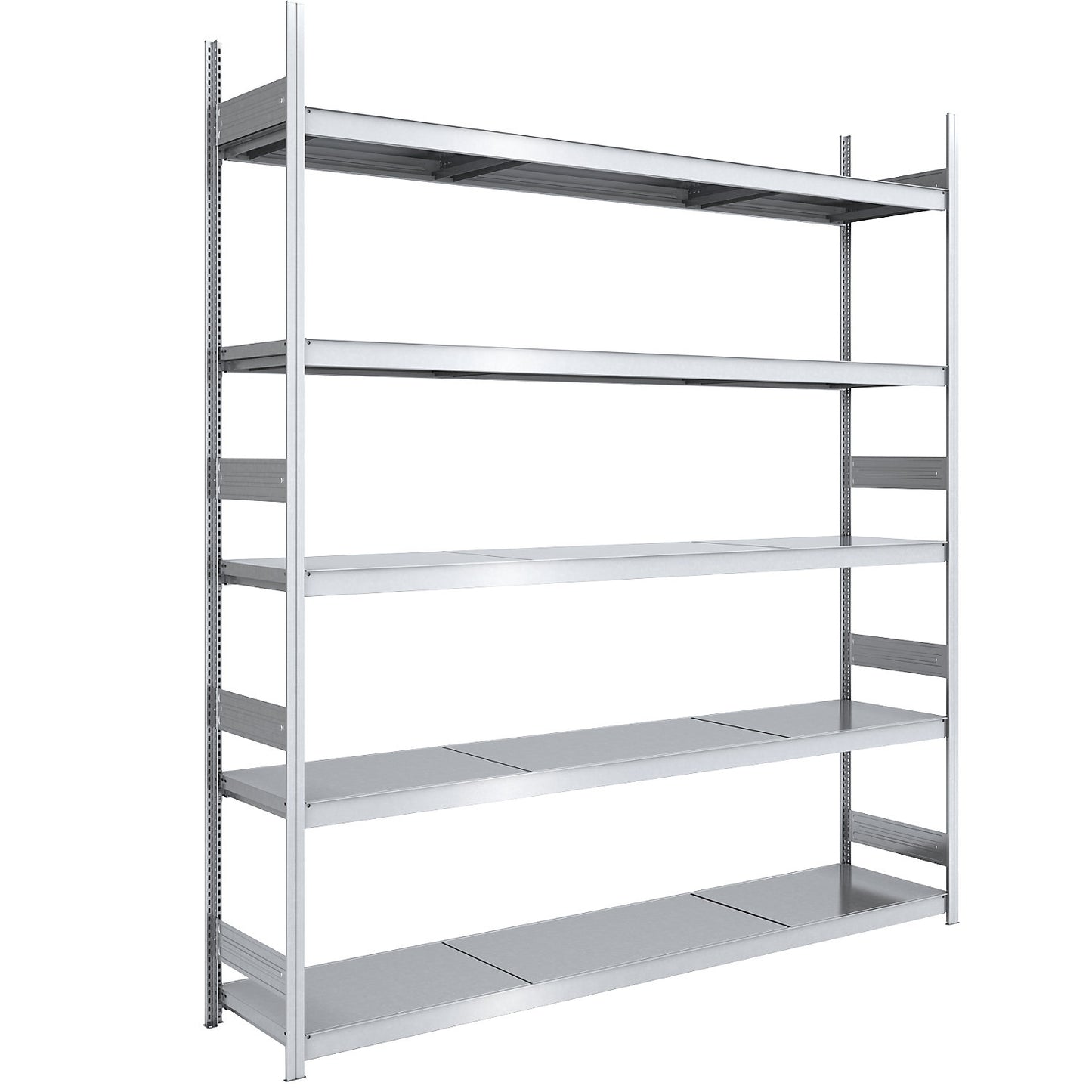 Wide span boltless shelving unit with steel shelves, height 3000 mm, shelf width 2500 mm, shelf depth 600 mm, standard shelf unit.