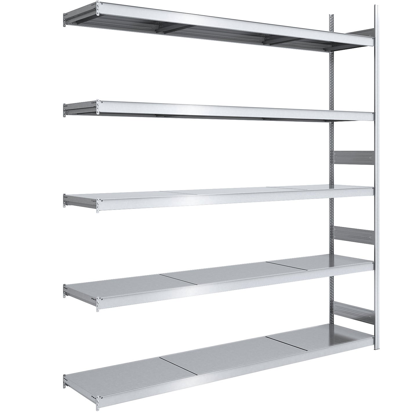 Wide span boltless shelving unit with steel shelves, height 3000 mm, shelf width 2500 mm, shelf depth 600 mm, extension shelf unit.