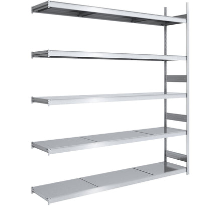 Wide span boltless shelving unit with steel shelves, height 3000 mm, shelf width 2500 mm, shelf depth 600 mm, extension shelf unit.