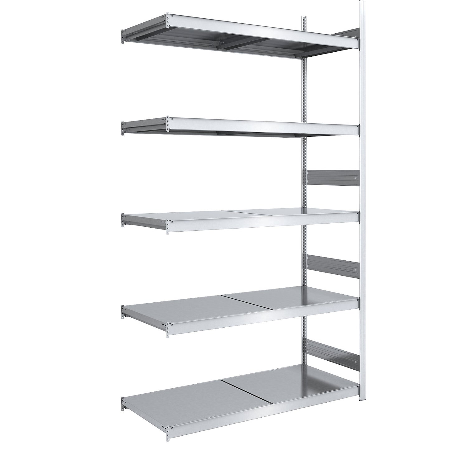 Wide span boltless shelving unit with steel shelves, height 3000 mm, shelf width 1500 mm, shelf depth 800 mm, extension shelf unit.