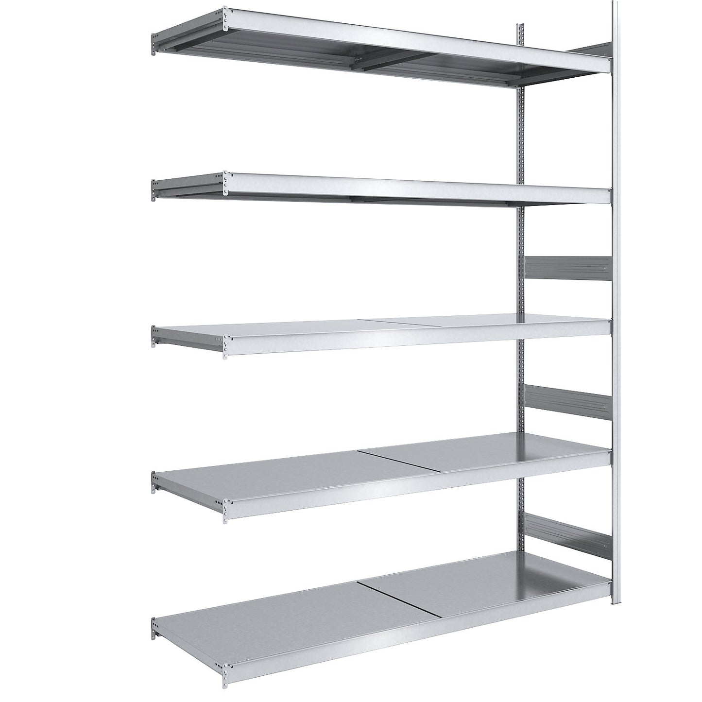 Wide span boltless shelving unit with steel shelves, height 3000 mm, shelf width 2000 mm, shelf depth 800 mm, extension shelf unit.