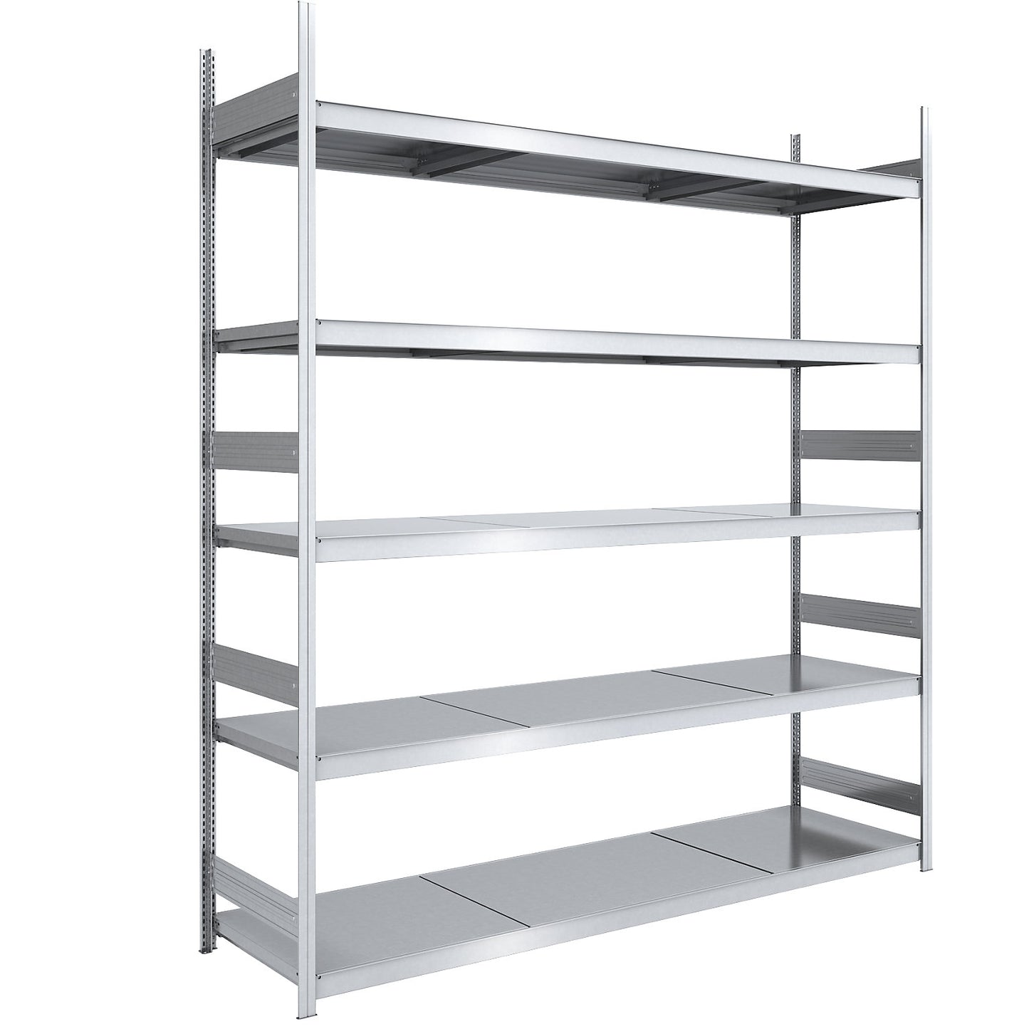 Wide span boltless shelving unit with steel shelves, height 3000 mm, shelf width 2500 mm, shelf depth 800 mm, standard shelf unit.