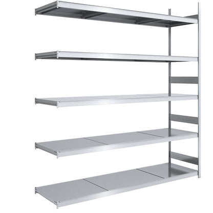 Wide span boltless shelving unit with steel shelves, height 3000 mm, shelf width 2500 mm, shelf depth 800 mm, extension shelf unit.