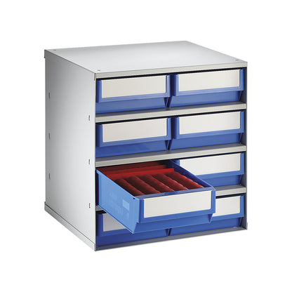 Drawer cabinet, max. housing load 75 kg, HxWxD 395 x 376 x 300 mm, 8 drawers, blue drawers.