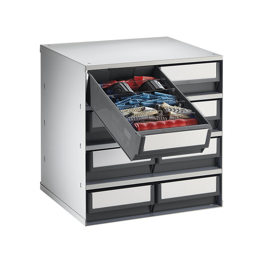 Drawer cabinet, max. housing load 75 kg, HxWxD 395 x 376 x 300 mm, 8 drawers, grey drawers.