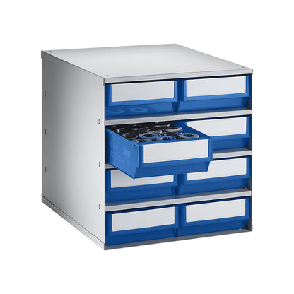 Drawer cabinet, max. housing load 75 kg, HxWxD 395 x 376 x 400 mm, 8 drawers, blue drawers.