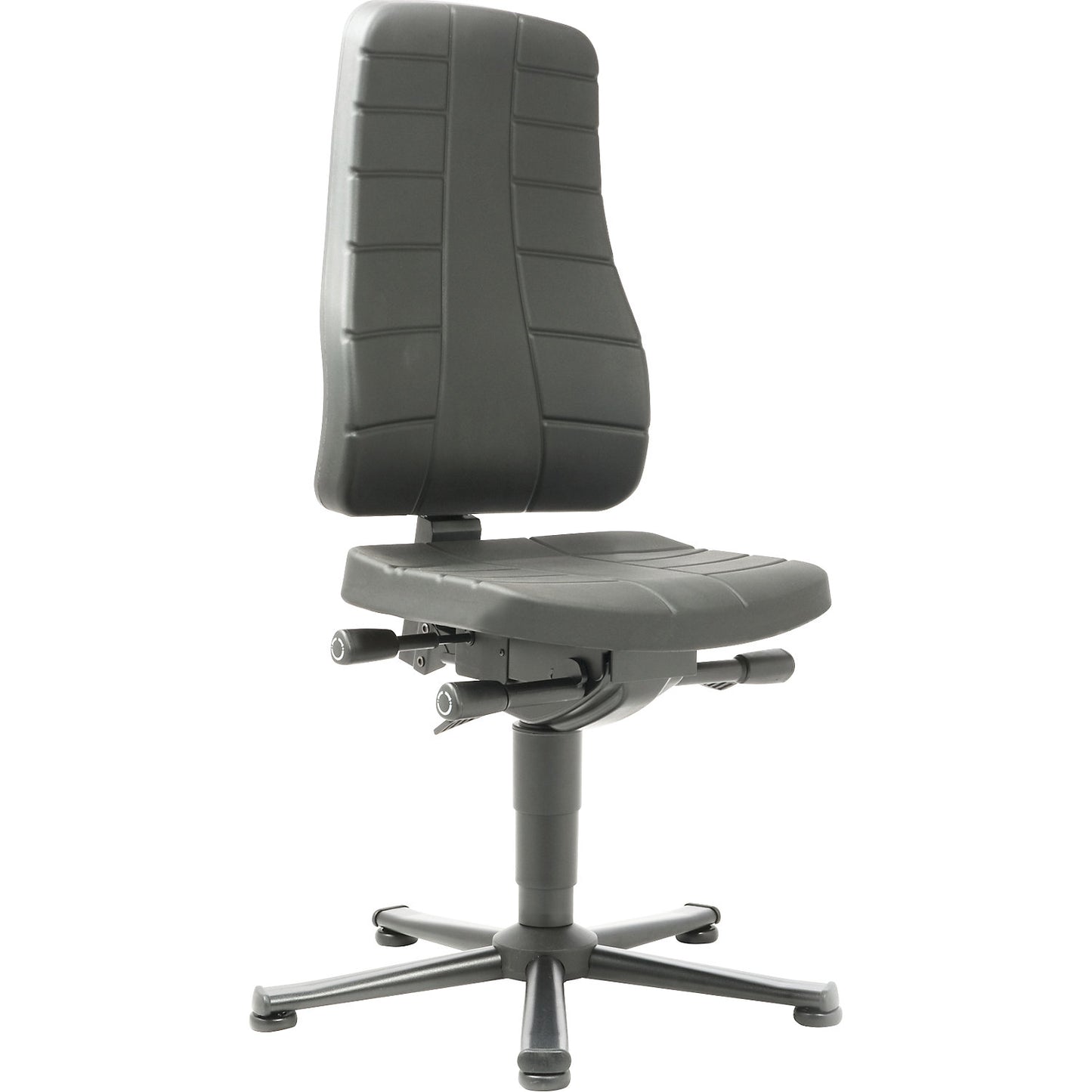 All-in-one industrial swivel chair, with floor glides, PU foam, black.