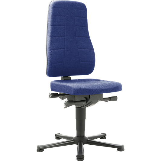 All-in-one industrial swivel chair, with floor glides, fabric upholstery, blue.
