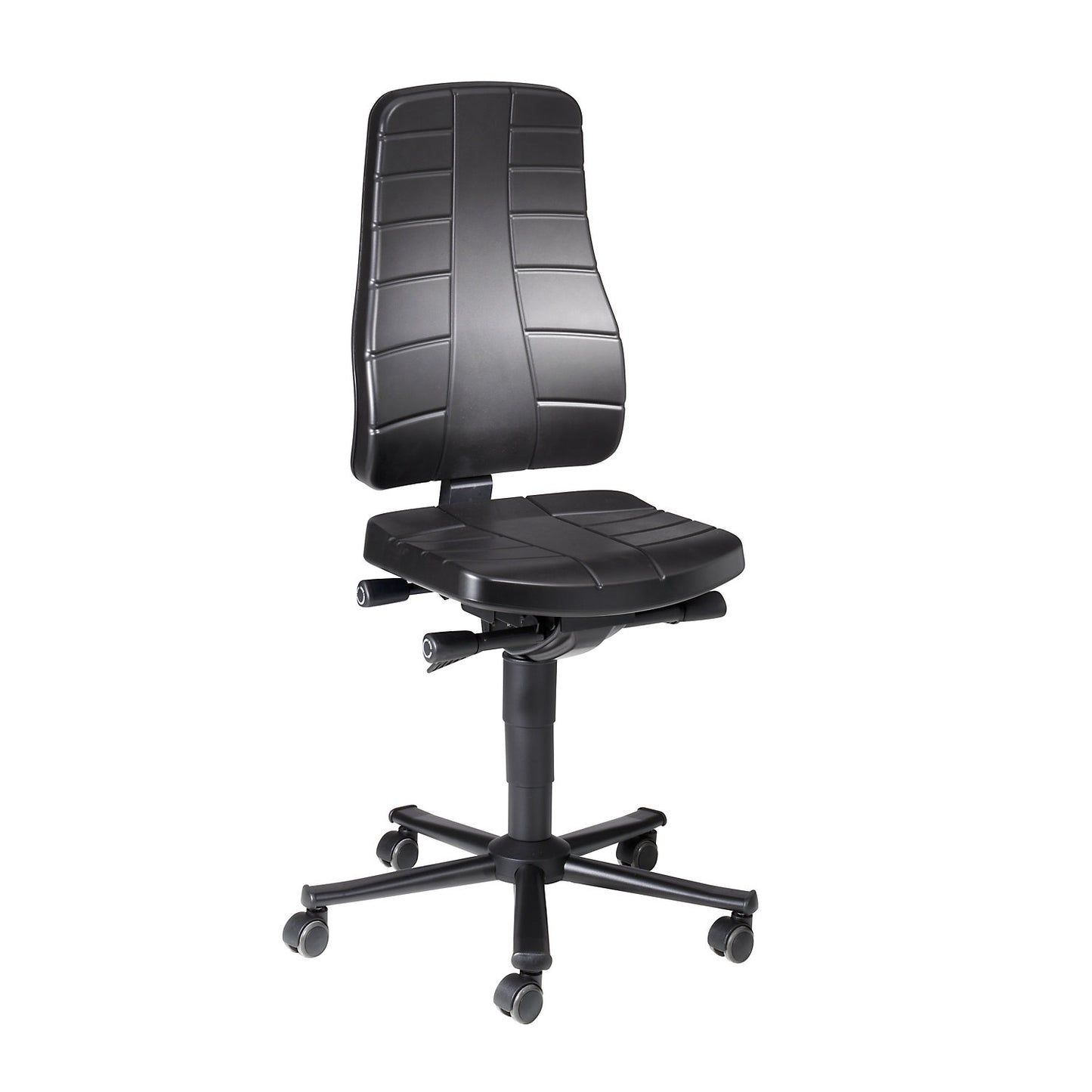 All-in-one industrial swivel chair, with castors, PU foam, black.