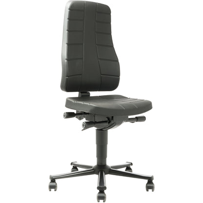 All-in-one industrial swivel chair, with castors, PU foam, black.