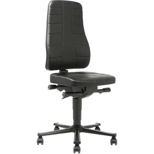 All-in-one industrial swivel chair, with castors, vinyl, black.