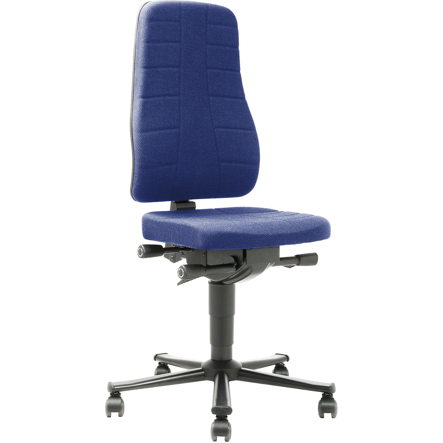 All-in-one industrial swivel chair, with castors, fabric upholstery, blue.
