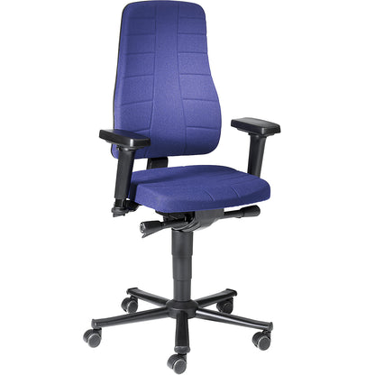 All-in-one industrial swivel chair, with castors, fabric upholstery, blue.