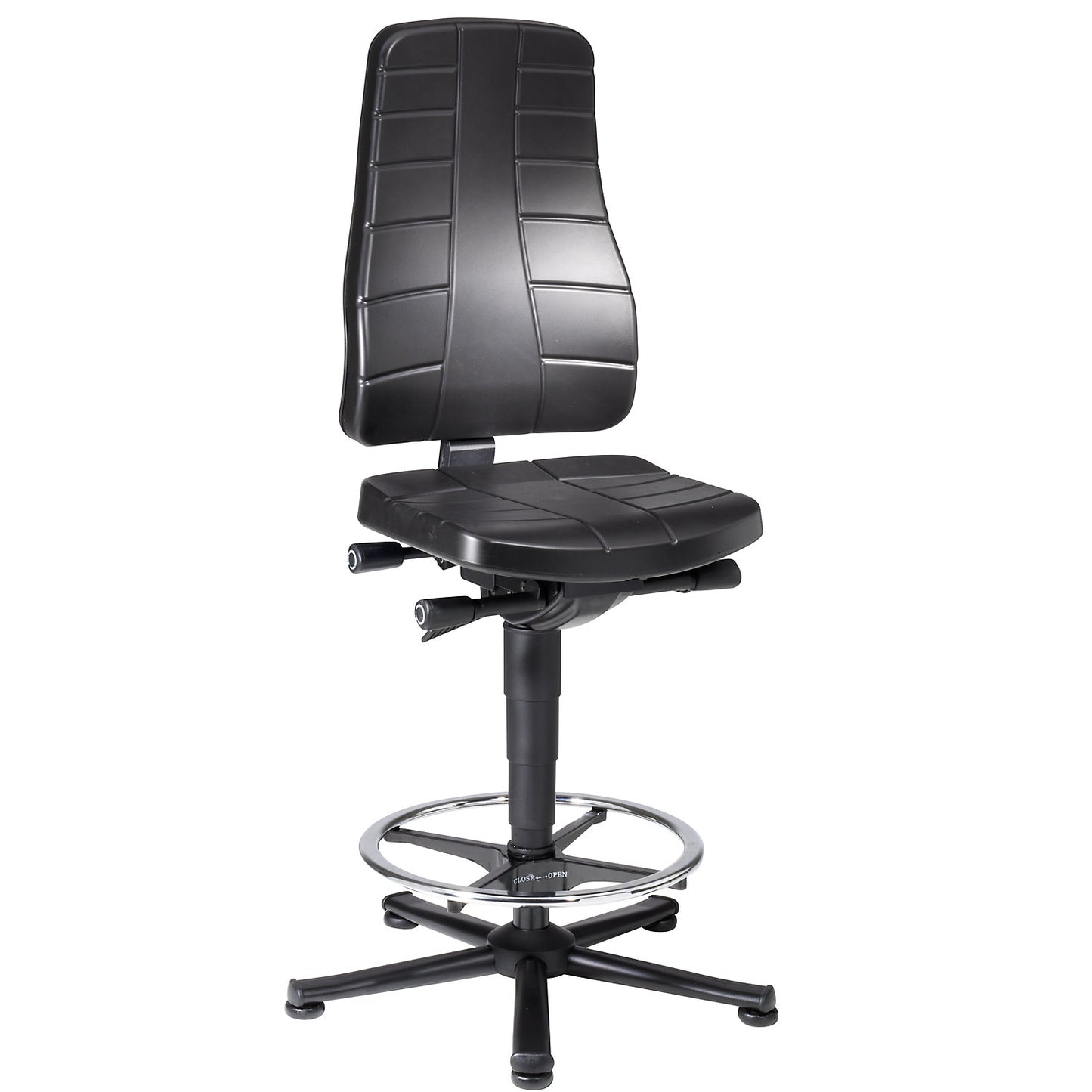 All-in-one industrial swivel chair, with floor glides and foot ring, PU foam, black.