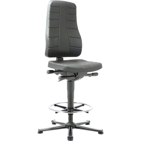 All-in-one industrial swivel chair, with floor glides and foot ring, PU foam, black.