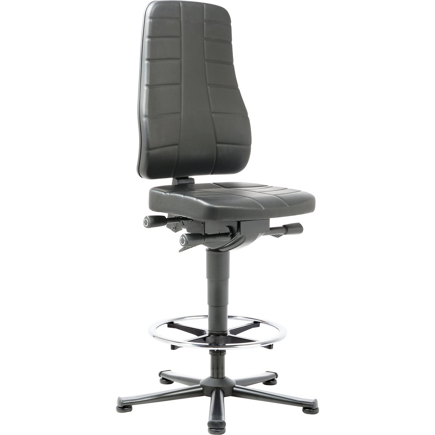 All-in-one industrial swivel chair, with floor glides and foot ring, vinyl, black.