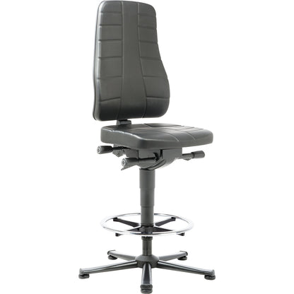 All-in-one industrial swivel chair, with floor glides and foot ring, vinyl, black.