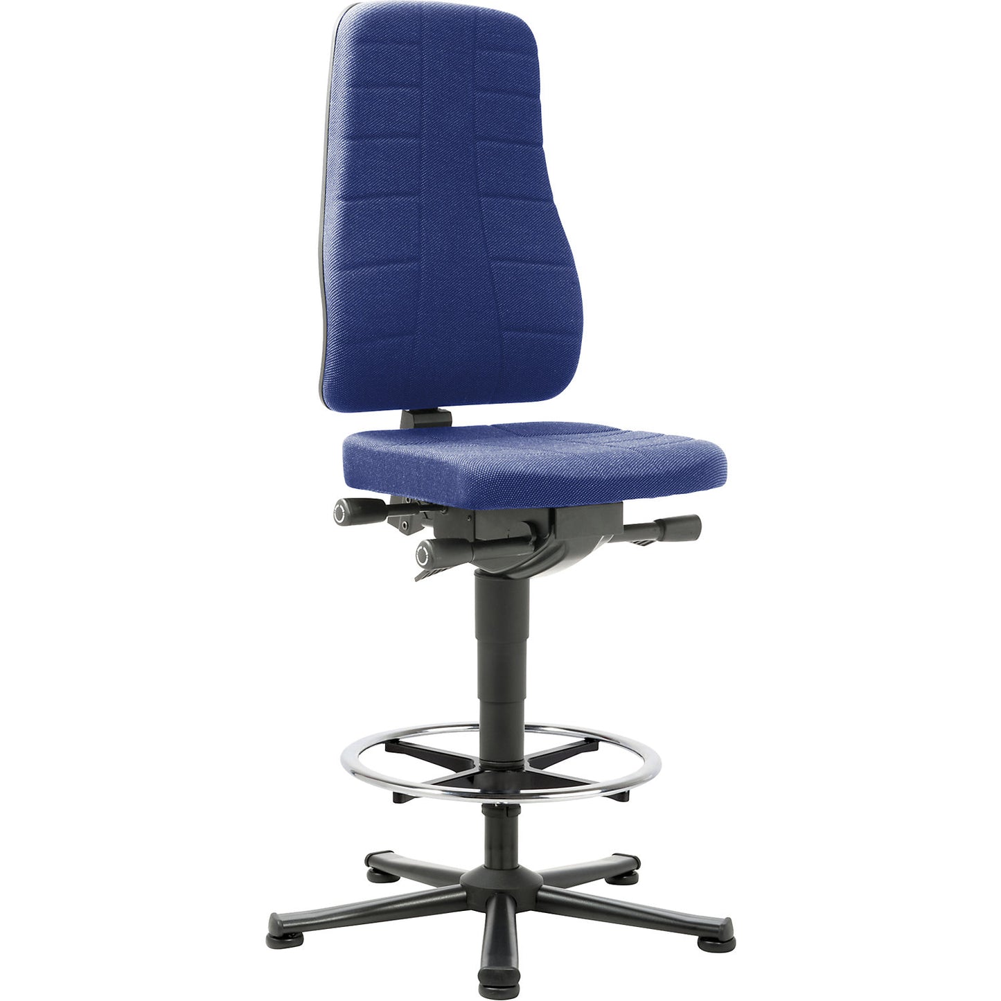 All-in-one industrial swivel chair, with floor glides and foot ring, fabric upholstery, blue.