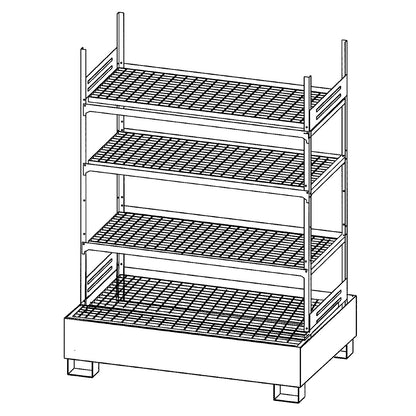 Hazardous goods shelving for small containers, for water hazardous and flammable media, 4 mesh shelves, 1 base sump tray, sump tray painted blue.