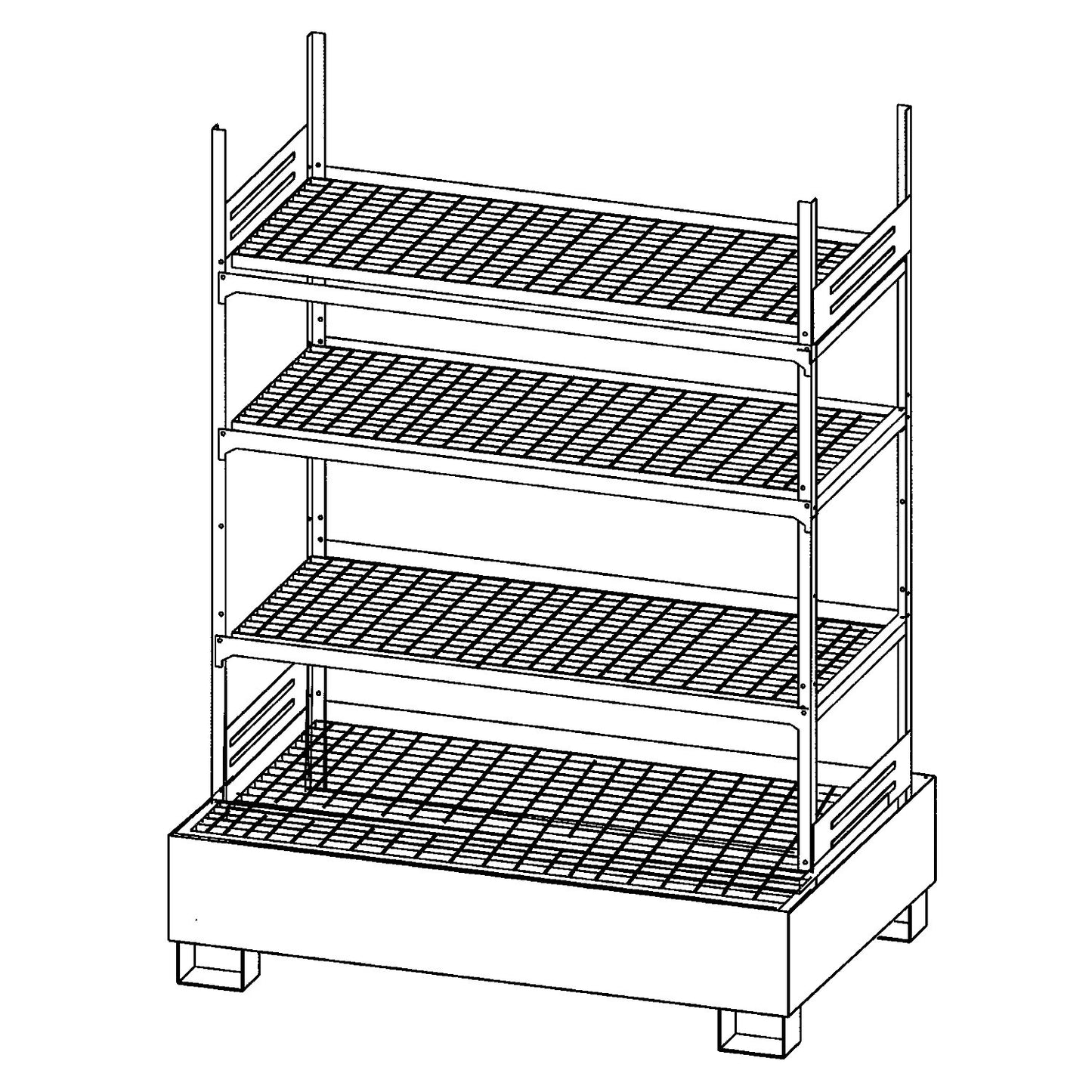 Hazardous goods shelving for small containers, for water hazardous and flammable media, 4 mesh shelves, 1 base sump tray, sump tray hot dip galvanised.