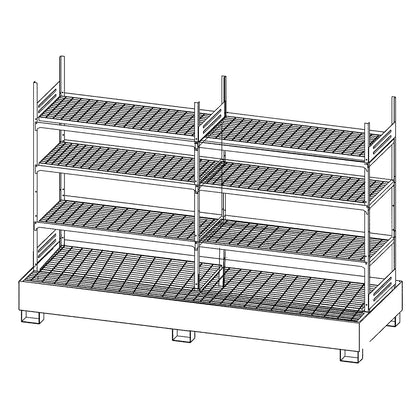 Hazardous goods shelving for small containers, for water hazardous and flammable media, 8 mesh shelves, 1 base sump tray, sump tray painted blue.