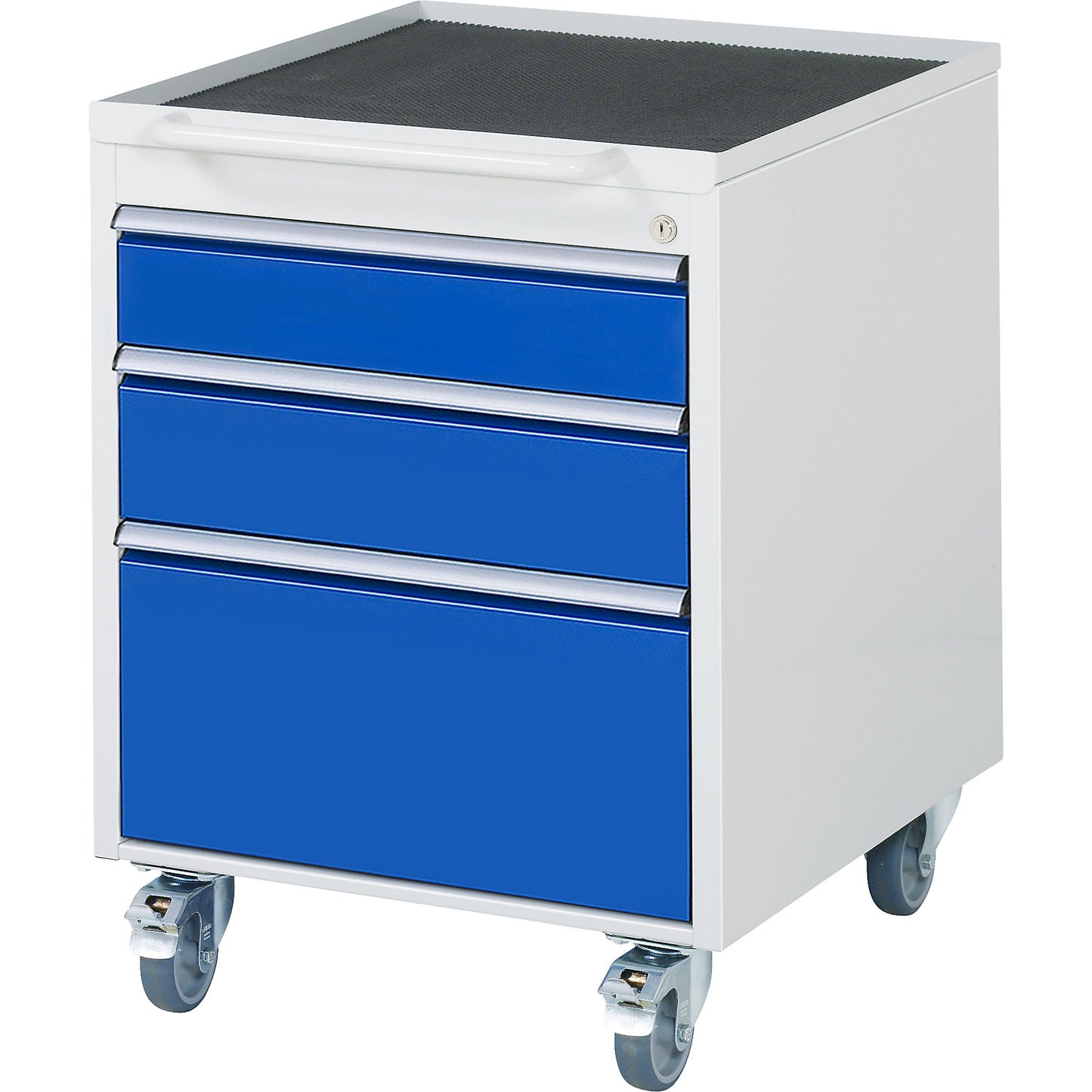 Mobile pedestal, HxWxD 765 x 580 x 650 mm, 3 drawers, light grey / gentian blue.