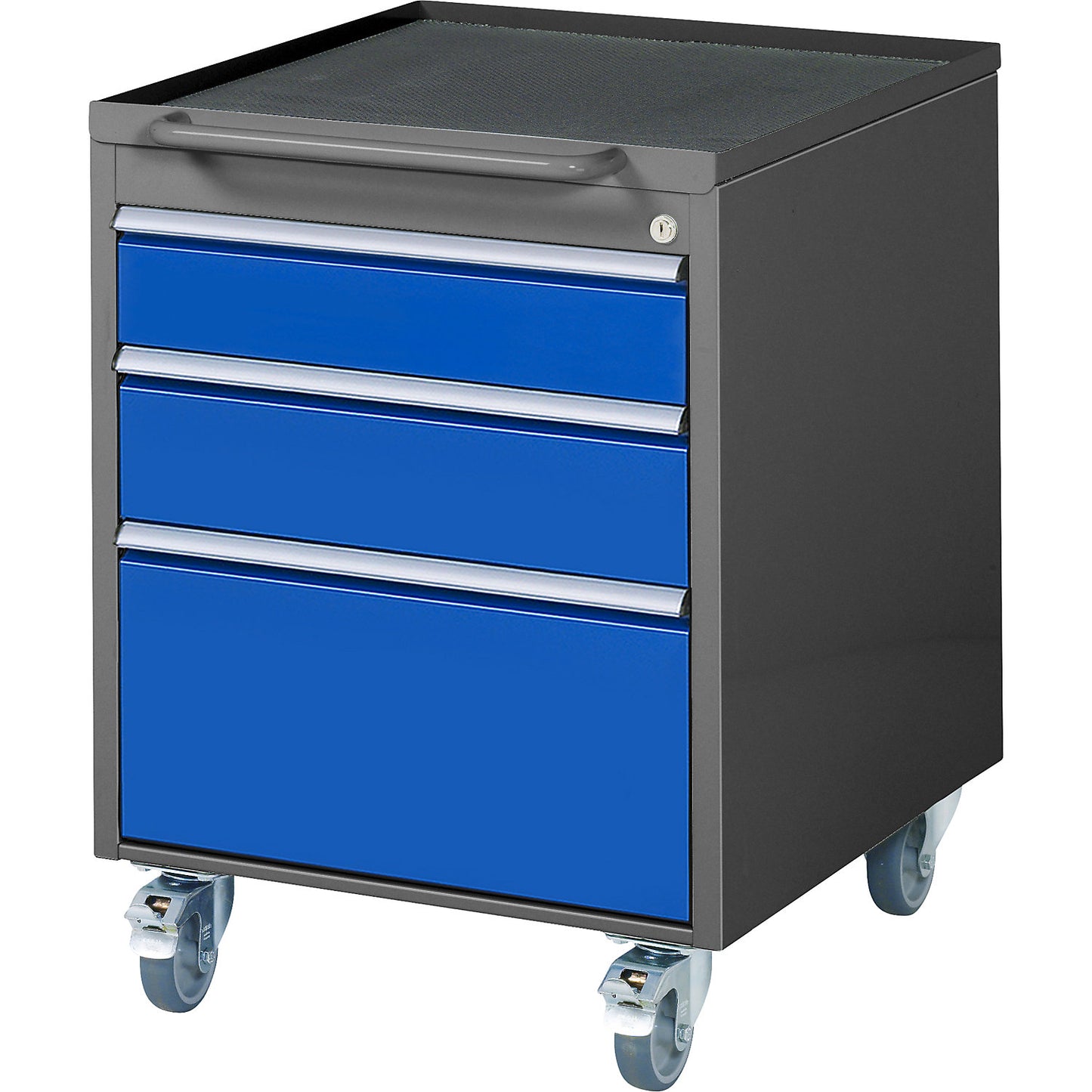 Mobile pedestal, HxWxD 765 x 580 x 650 mm, 3 drawers, metallic charcoal / gentian blue.