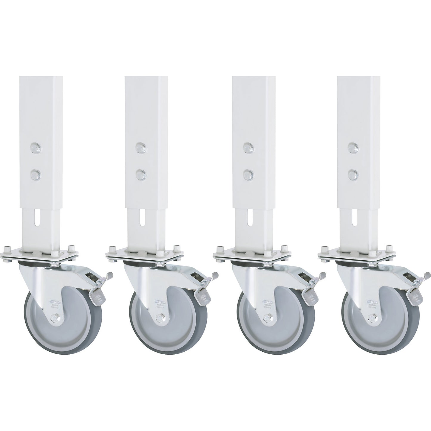 Wheel set, pack of 4, for base frame 60 x 30 mm, 4 swivel castors with wheel stops.