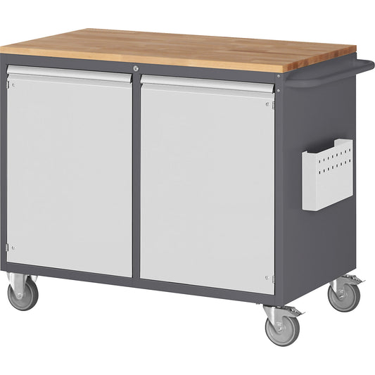 Compact workbenches, mobile, 2 doors, wood worktop, charcoal / light grey.